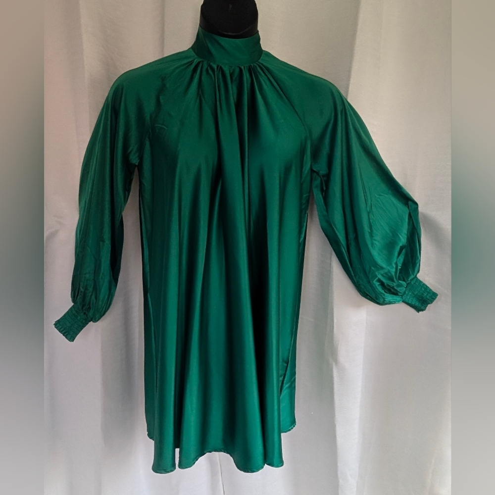 Emerald Green High Shine High tie neck Long Sleeve Flowing Aura Dress - Picture 5 of 16